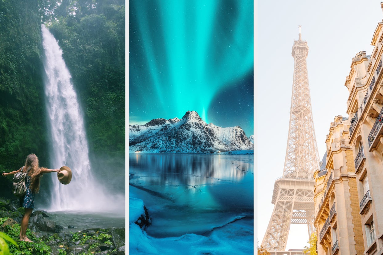 a waterfall on the left, the northern lights in the middle, and the eiffel tower on the right