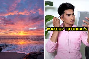 On the left, the beach at sunset, and on the right, Bretman Rock applying blush in a YouTube video labeled "makeup tutorials"