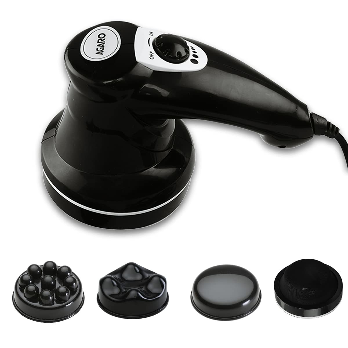 A black electric full body massager with 3 different heads for massage