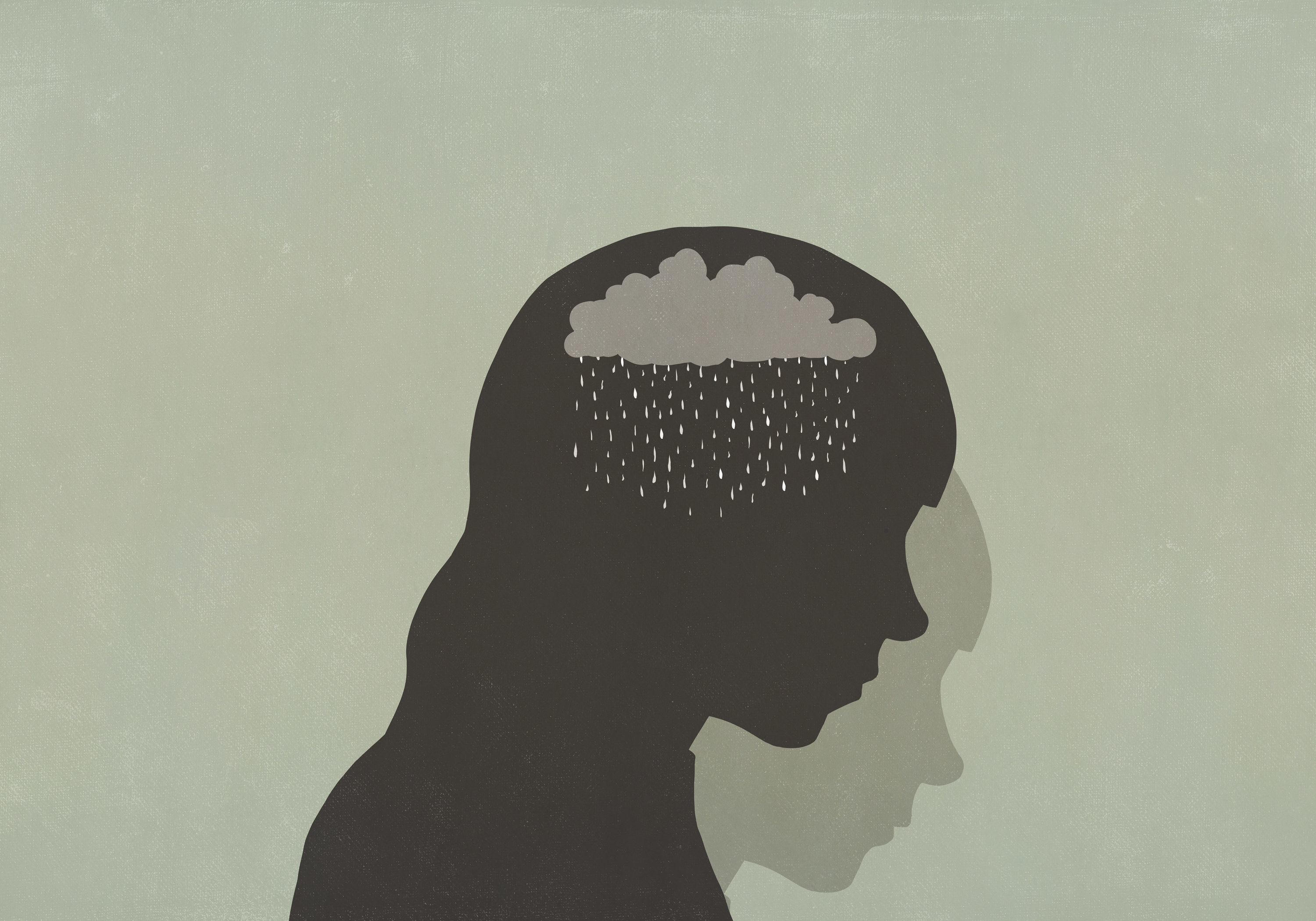 An illustrated image of the outline of a person with a cloud raining in their head, symbolizing depression