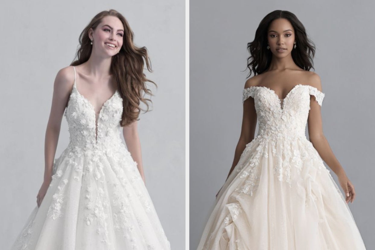 Woman in wedding dress with deep neckline, and woman in off-the-shoulders wedding dress 