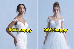 Woman wearing lacey wedding dress and the words "90% happy" and woman wearing tulle wedding dress and the words "98% happy"