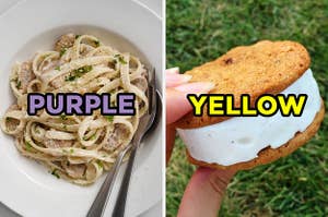 On the left, some fettuccine Alfredo labeled "purple," and on the right, someone holding a chocolate chip cookie ice cream sandwich labeled "yellow"