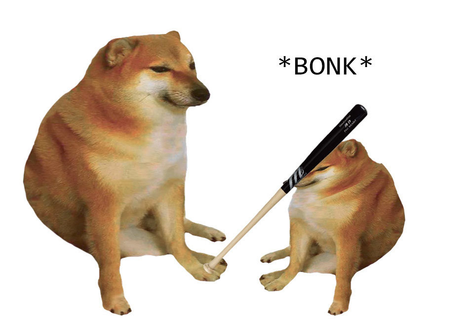 A meme of a dog hitting another dog on the head with a baseball bat