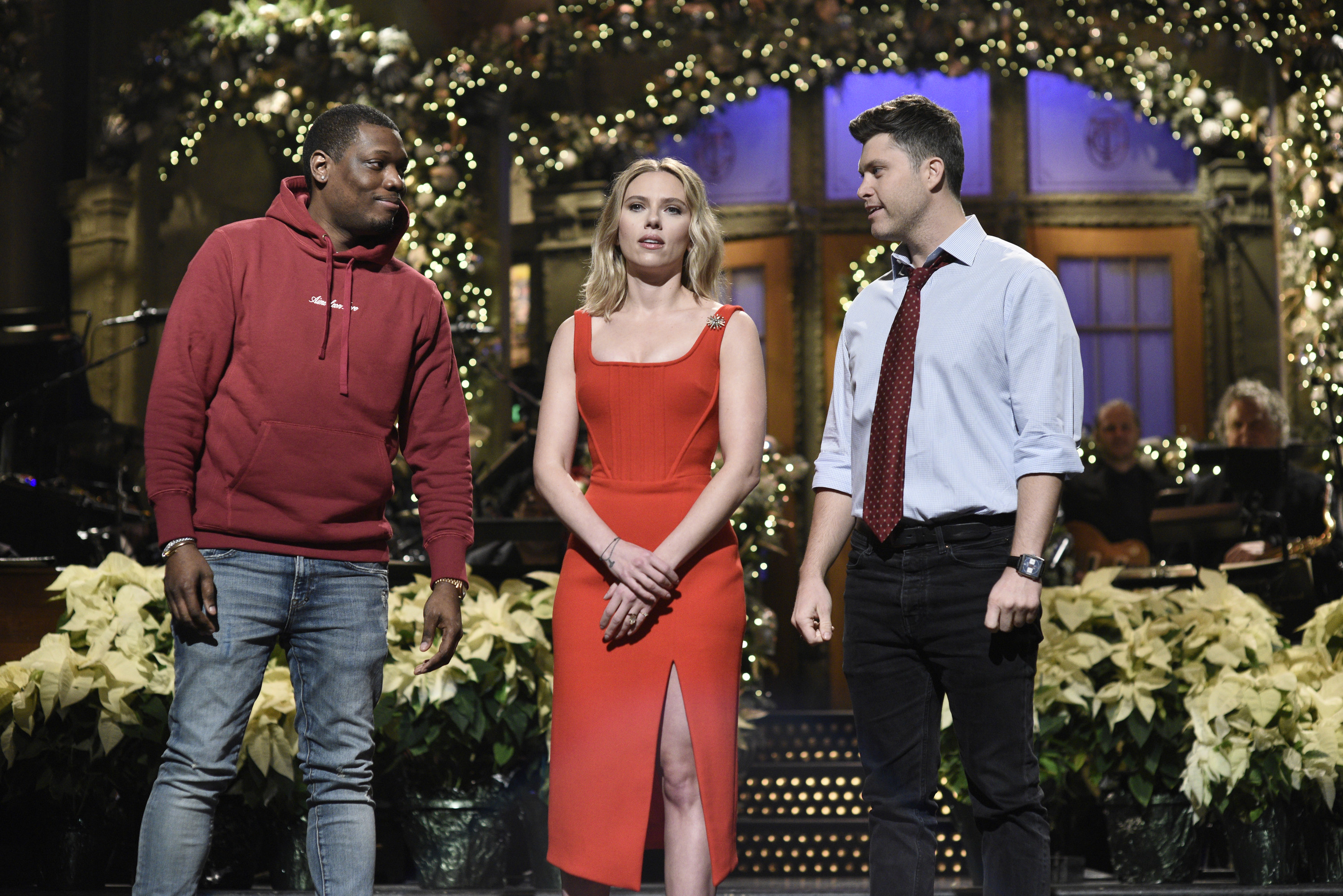 jost and johansson on stage at snl with michael che