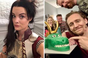 Jaimie Alexander as Lady Sif and Tom Hiddleston next to a Croc Loki cake