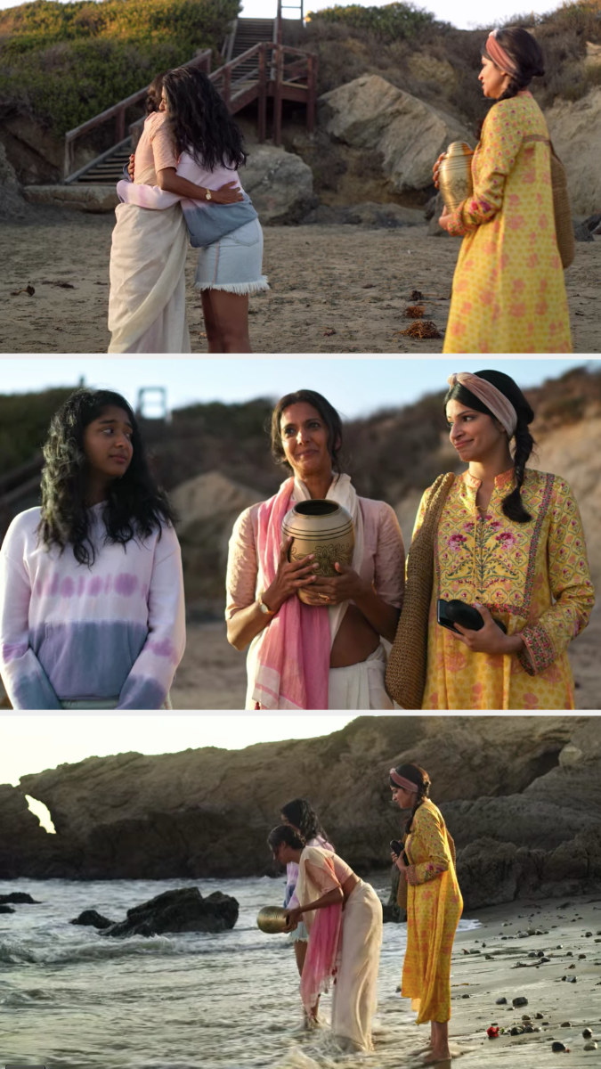 Devi, Kamala, and Devi&#x27;s mom spreading her dad&#x27;s ashes at the beach