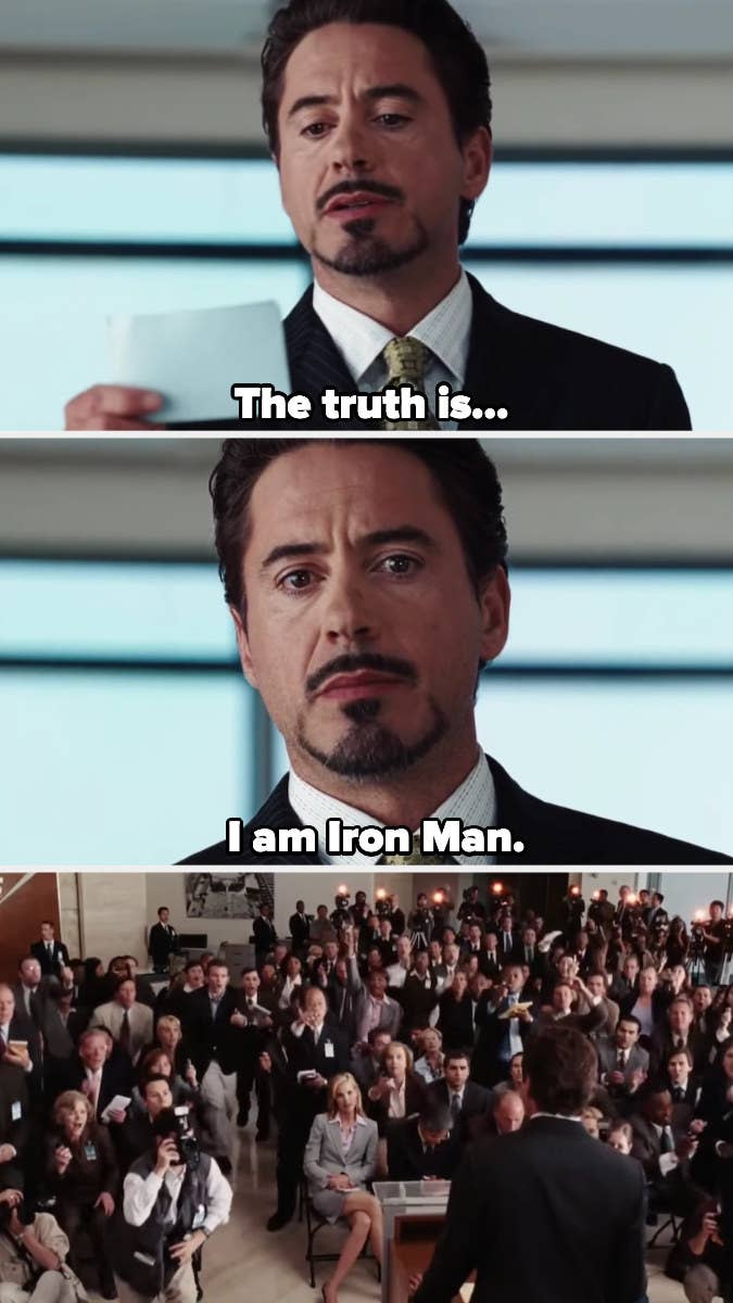 Tony Stark reveals he is Iron Man to a roomful of reporters