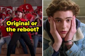 A crew of high schoolers are on the left labeled, "Original or the reboot?" with a teen holding his face on the right