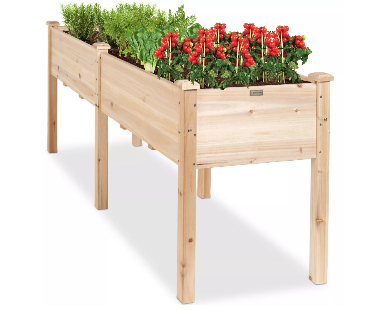 An elevated, wooden planter filled with flowers and herbs