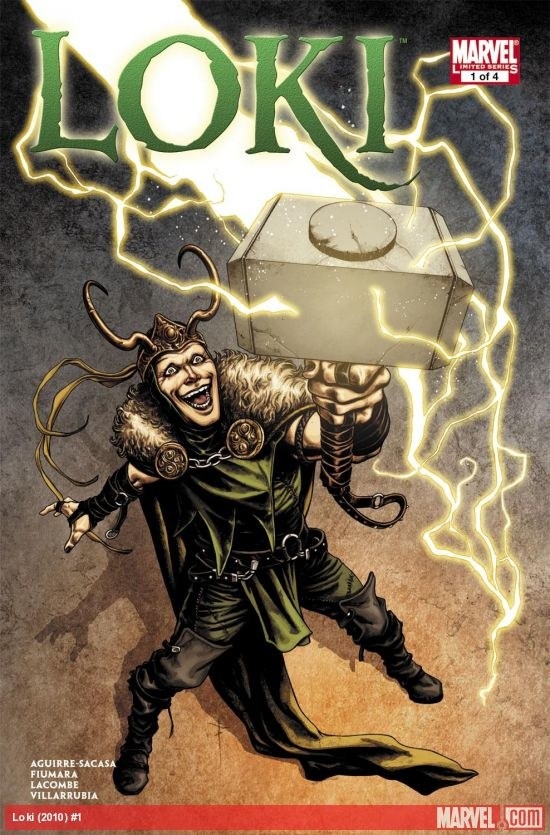 Marvel comic cover for Loki where he&#x27;s holding Mjolnir and wearing a horned helmet and a cape that has fur
