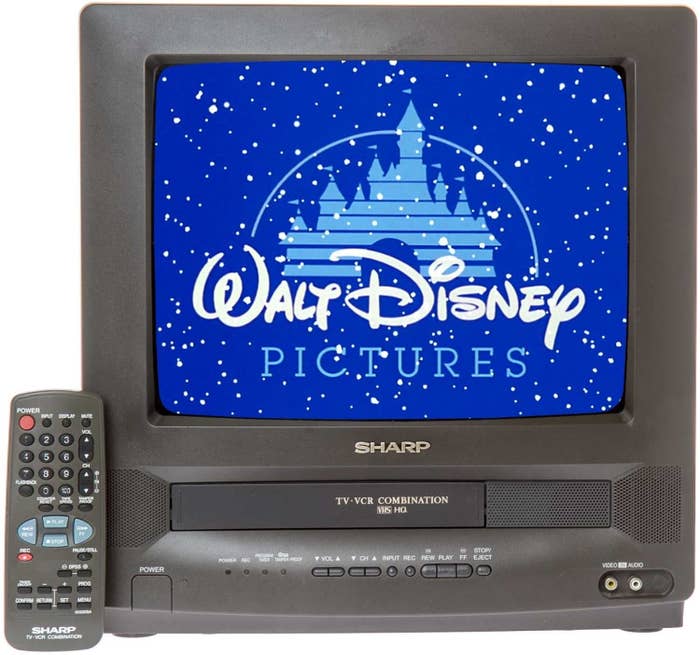 A Sharp TV-VCR TV with a Disney movie playing