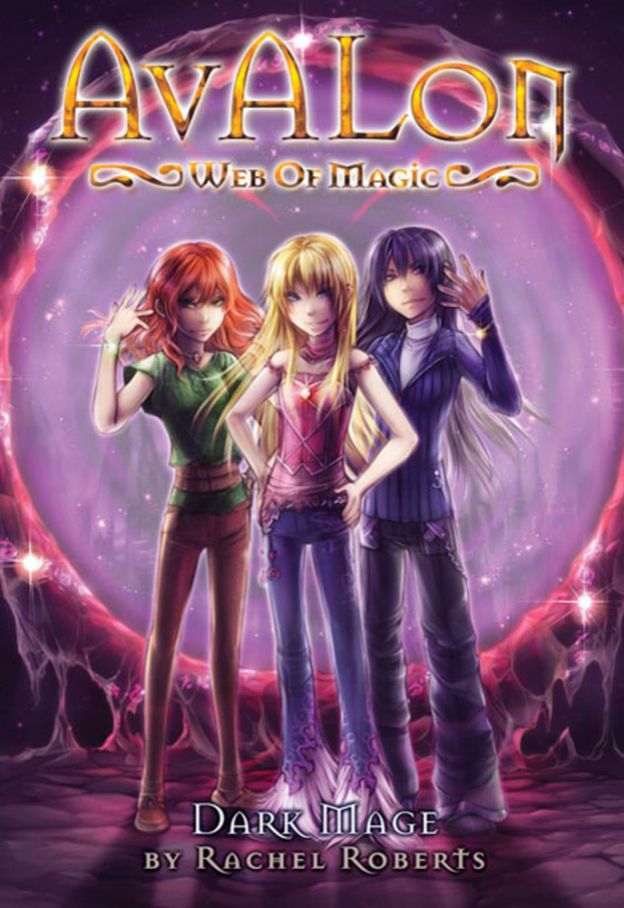 Book cover of Avalon: Web of Magic featuring the three girls, with a purple background
