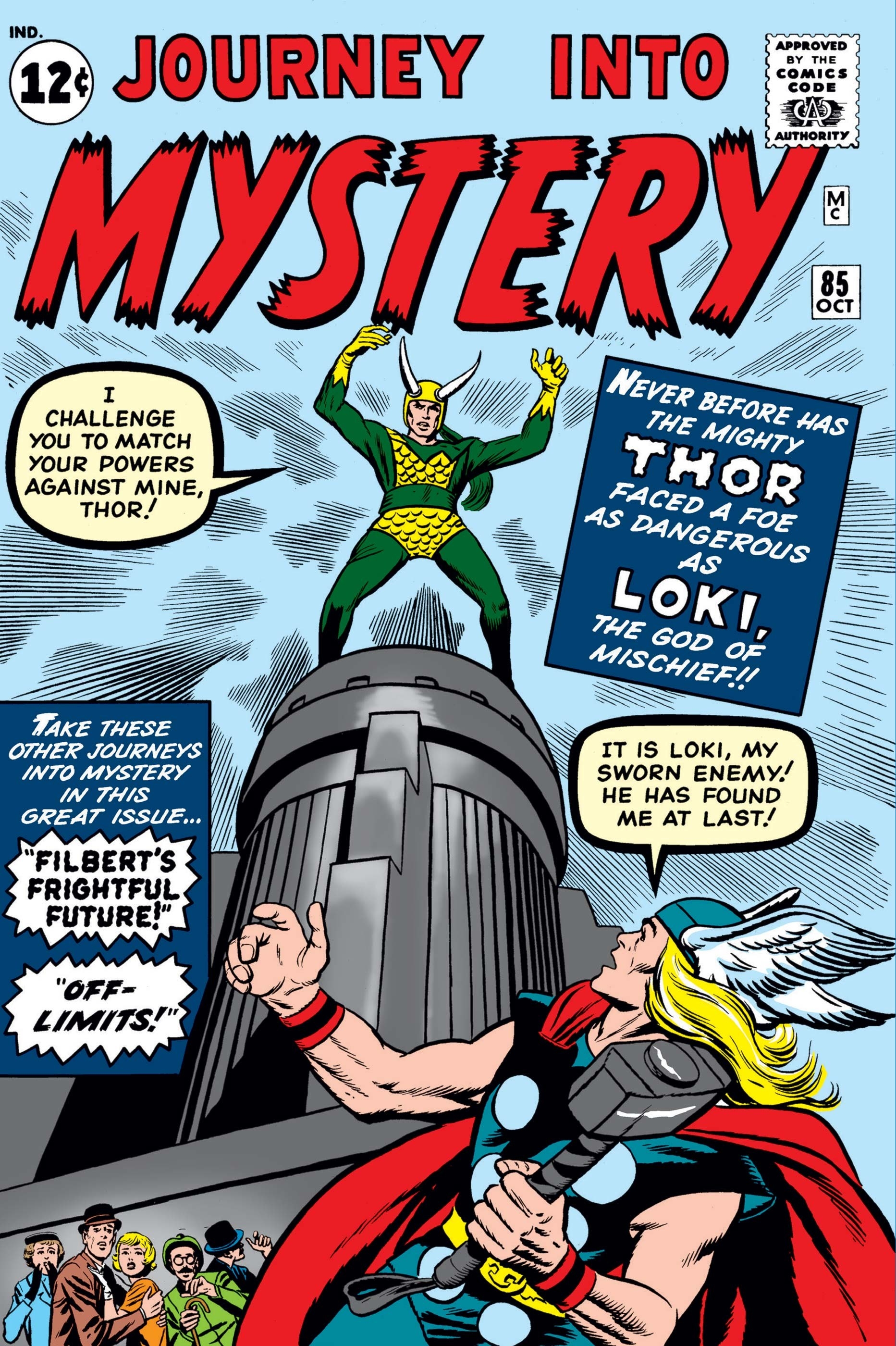 Cover of the Marvel comic Journey into Mystery, where Loki stands on a building with a horned helmet and a suit with scales on it