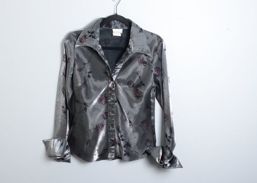 Faux satin grey blouse with rose pattern on it