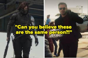 The Winter Soldier looking terrifying side by side with Bucky Barnes arriving to a BBQ holding a cake with text reading, "Can you believe these are the same person?!"