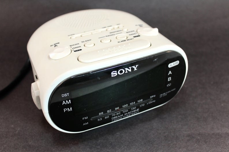A white Sony Dream Machine alarm clock