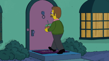 Homer Simpson handing his kids to Ned Flanders and saying, &quot;you&#x27;re babysitting no money&quot;