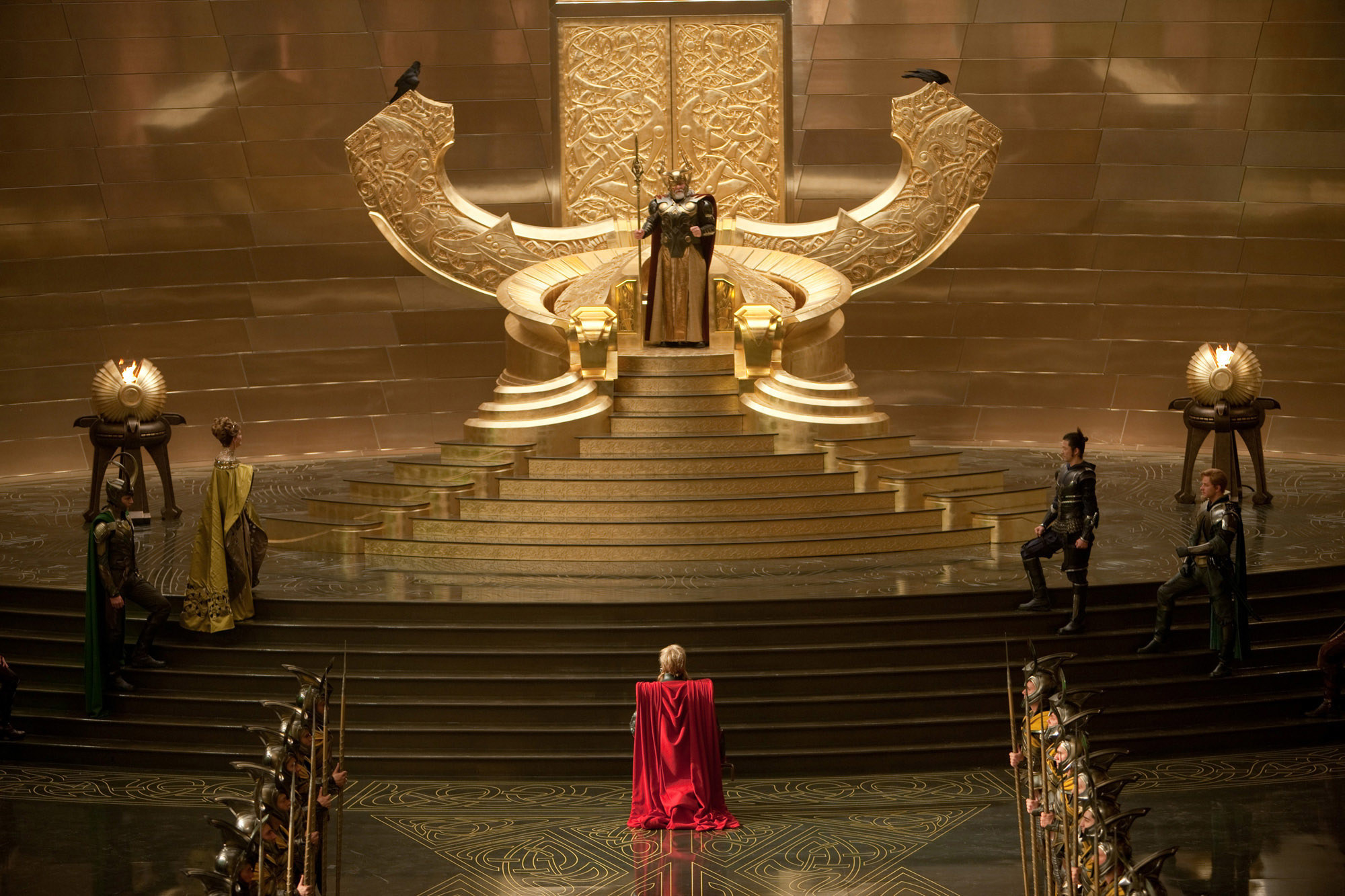 Image from the set of Thor, where Thor kneels before Odin