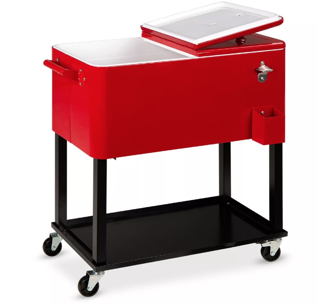 A red/black, rolling cooler cart with an attached bottle opener
