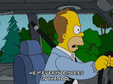 Homer Simpson driving and saying, &quot;Hey, everybody pees in the pool&quot;