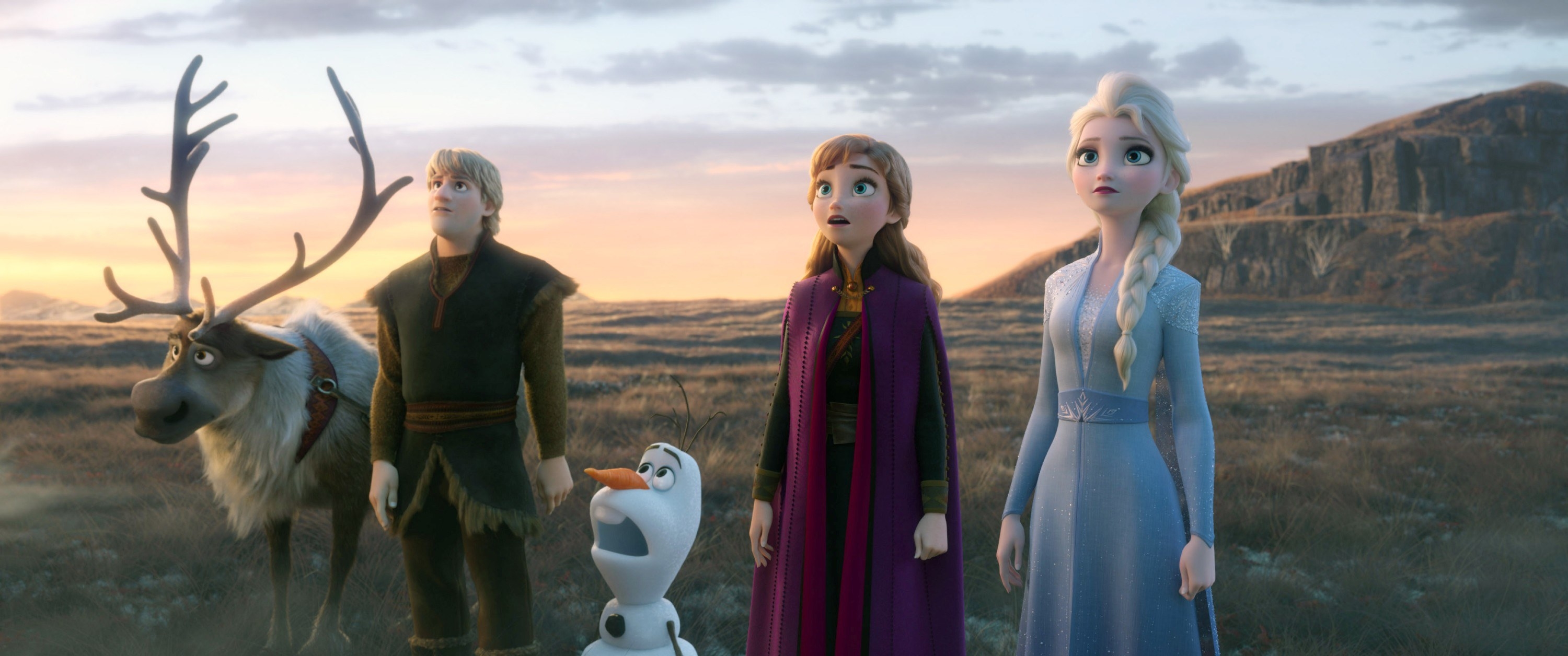 sven, kristoff, olaf, anna, and elsa looking up