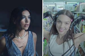 Dua Lipa is wearing a formal dress on the left with Olivia Rodrigo in a market on the right