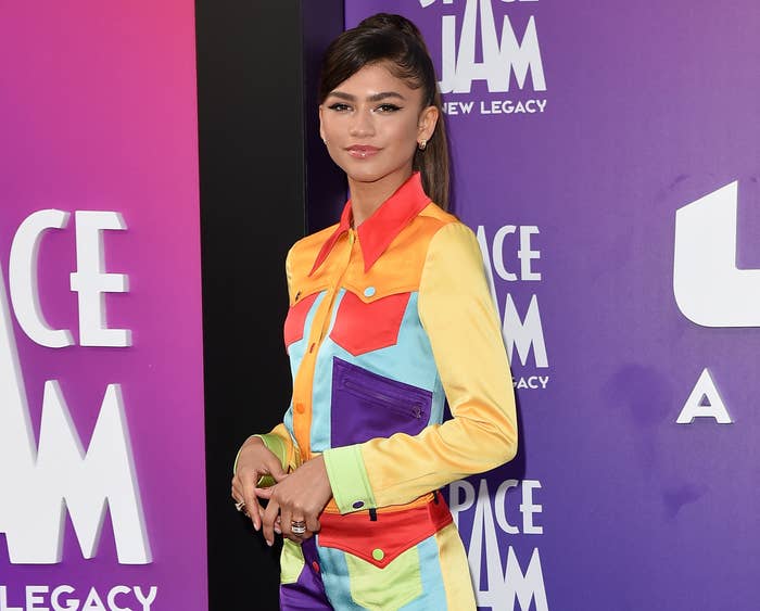 Zendaya attends the Space Jam premiere in a colorful jacket and matching shorts
