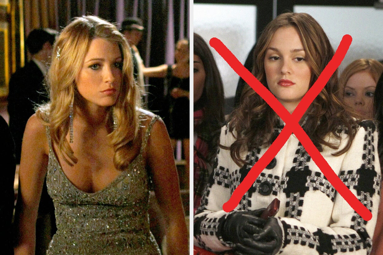 Serena wears a glam party dress next to a crossed-out Blair wearing a preppy coat