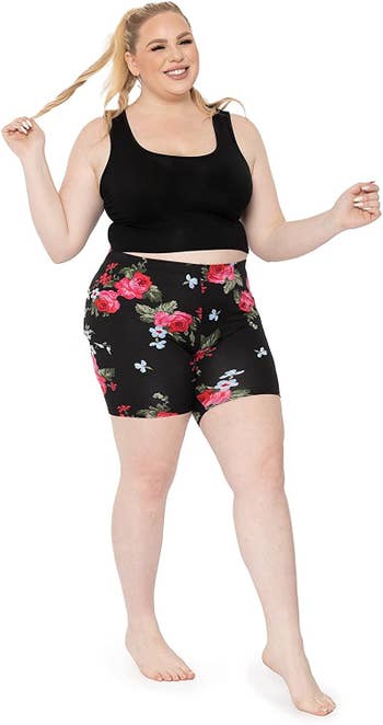Model wearing floral print bike shorts