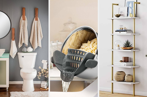 A towel clip / A strainer / A leaning bookshelf
