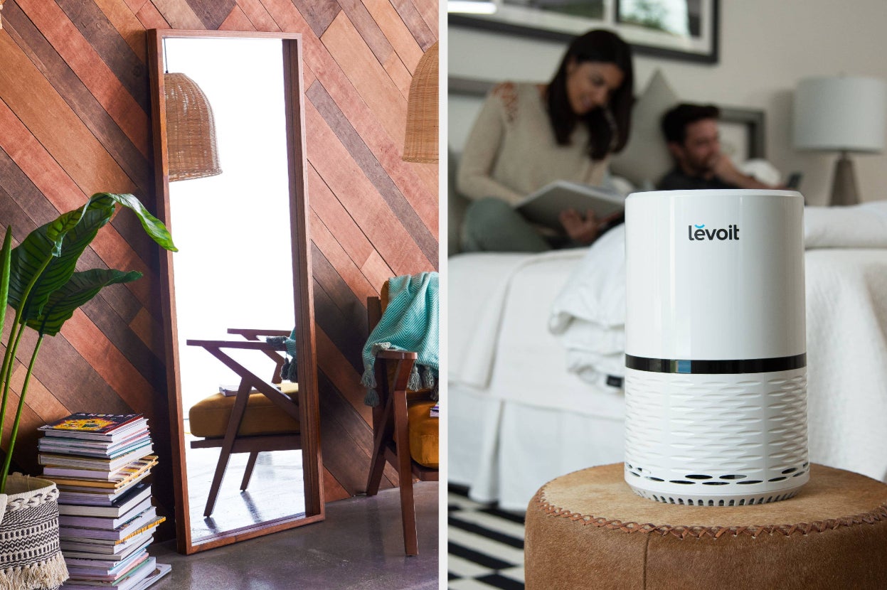 leaning mirror with wood frame, white air purifier