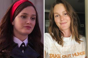 Side by side images of Leighton Meester as Blair Waldorf and in a selfie from Instagram