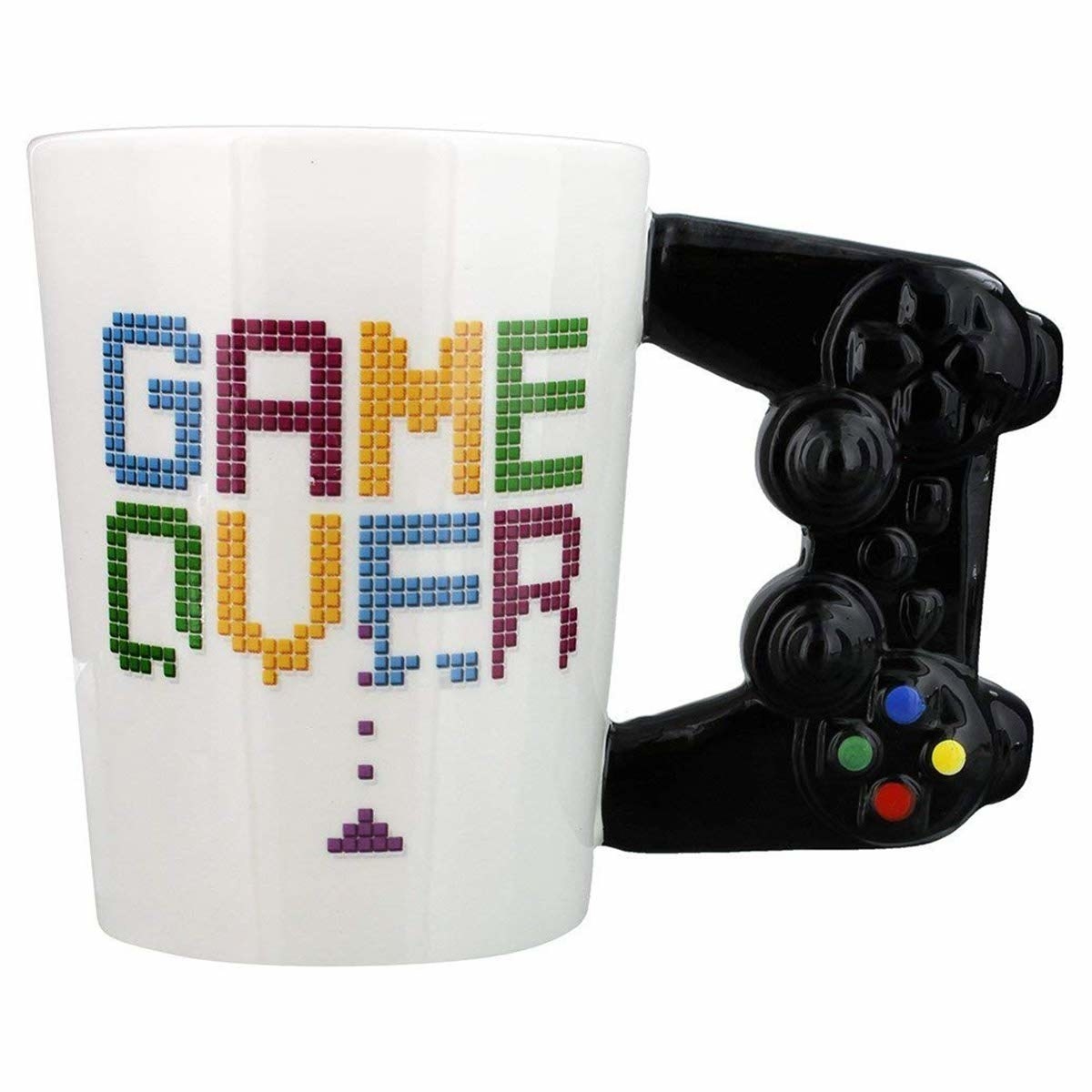 A white mug that says &#x27;Game Over&#x27; in a Tetris-inspired font and the handle of the mug is shaped like a game controller