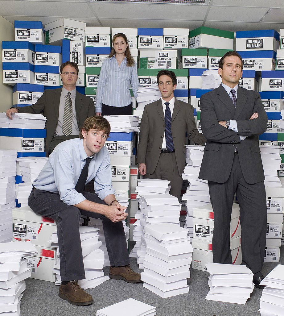 (clockwise from top) Jenna Fischer as Pam Beesly, B.J. Novak as Ryan Howard, Steve Carell as Michael Scott, John Krasinski as Jim Halpert, Rainn Wilson as Dwight Shrute