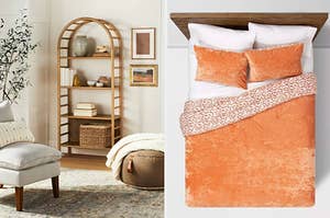 a bookcase with an arched top; an orange pillowcase set and duvet