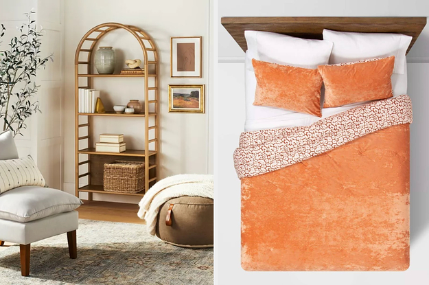 a bookcase with an arched top; an orange pillowcase set and duvet