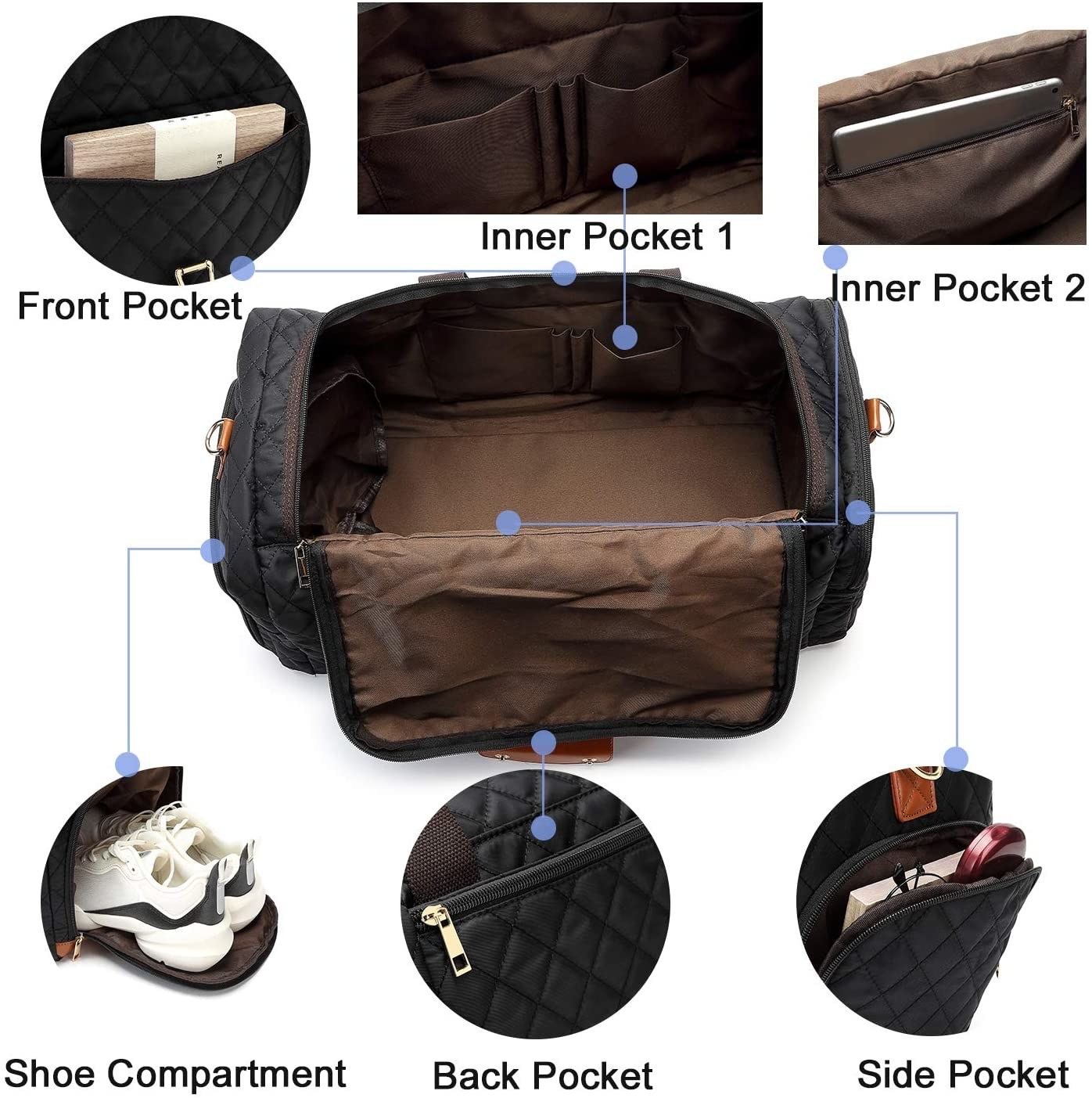 The black quilted duffle bag with a front pocket, two inner pockets, a side pocket, back, pocket, and a shoe compartment on the side