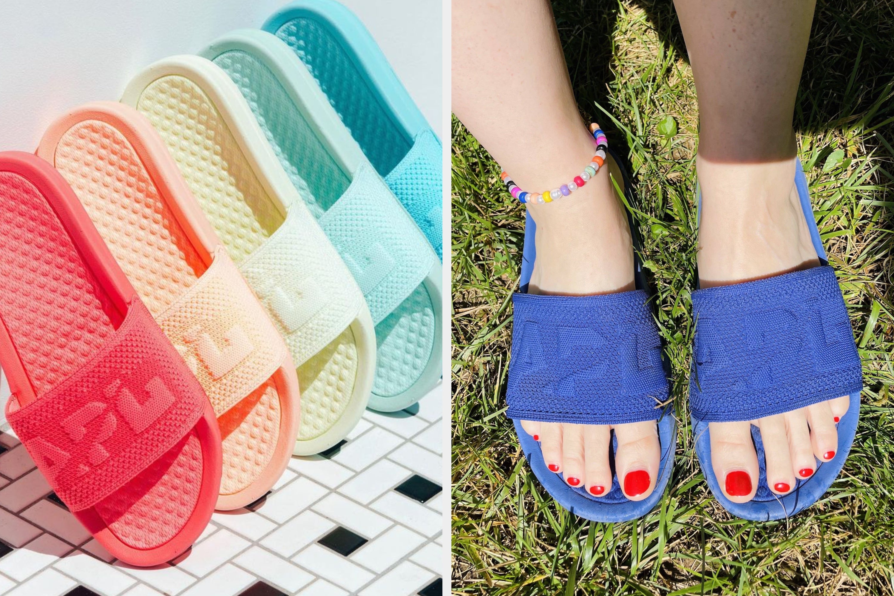 on the left the slides in rainbow colors, ong th right the writer in dark blue slides with 