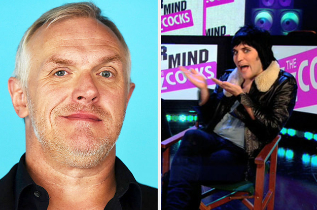A head shot getty image of Greg Davies appears next to still from Never Mind The Buzzcocks of Noel Fielding gesturing to his right at Greg's face