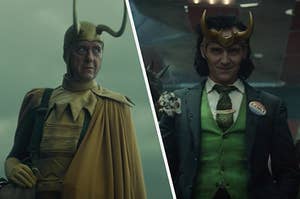 An older Loki wears a gold crown and matching cape while President Loki wears a ripped suit and a gold crown with horns on it
