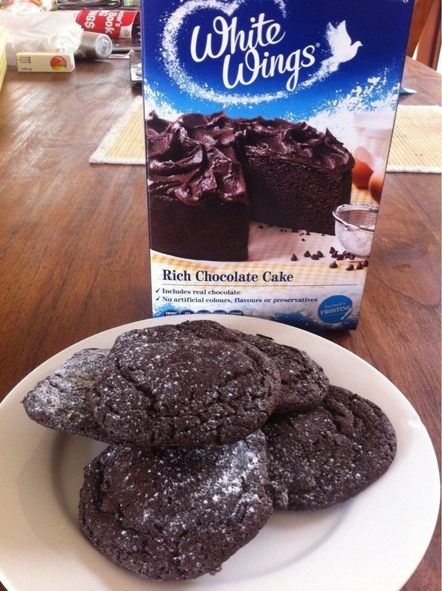 Chocolate cookies on a plate made from cake mix.