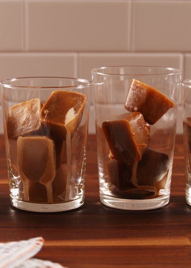 Coffee ice cubes in glasses.