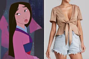 On the left, Mulan, and on the right, someone wearing a cropped silk shirt and denim cutoff shorts