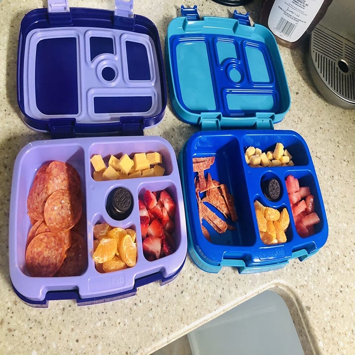 reviewer photo of the purple and blue Bentgo boxes open, showing lunch items
