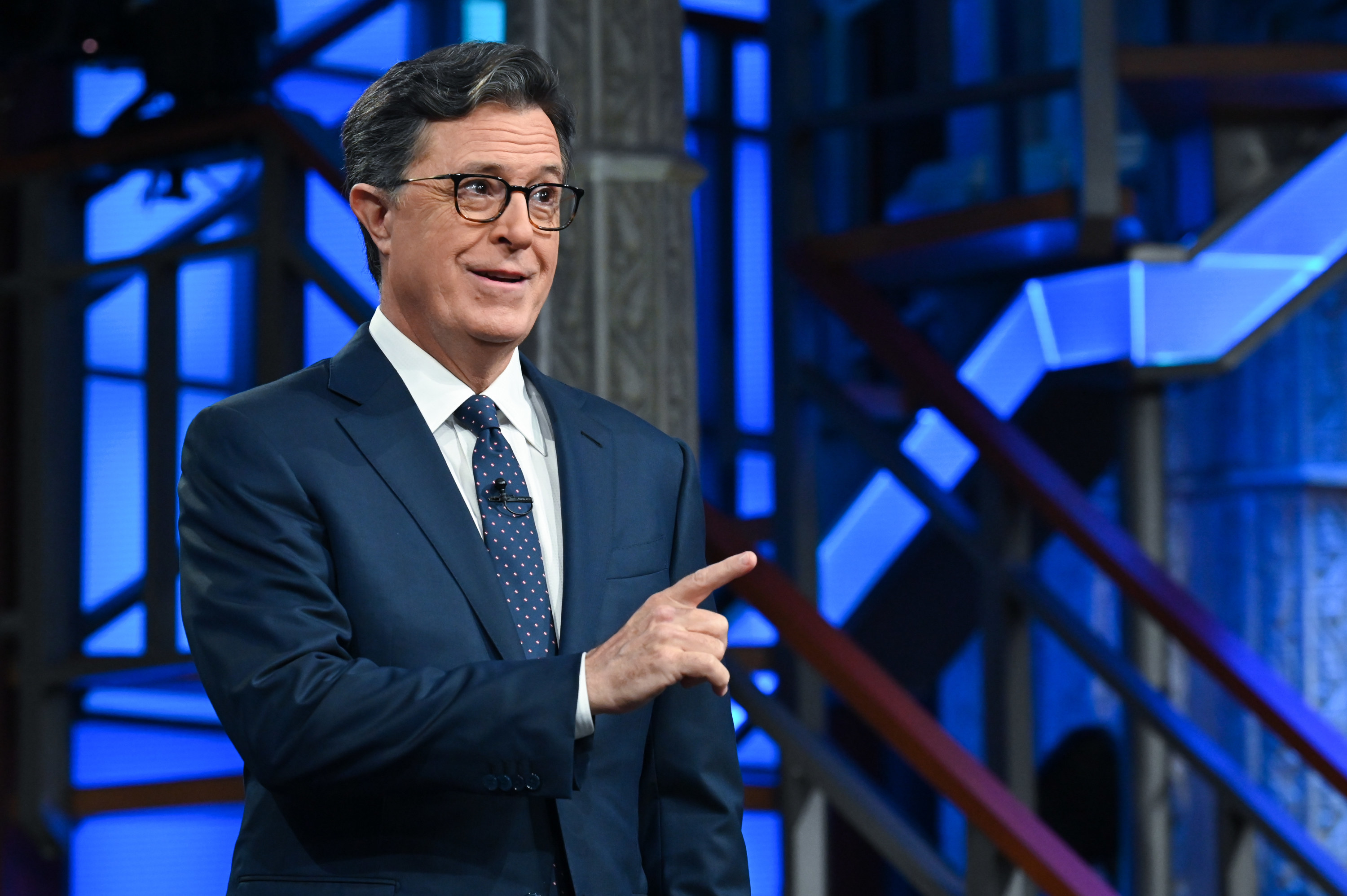 Stephen Colbert is pictured filming an episode of The Late Show