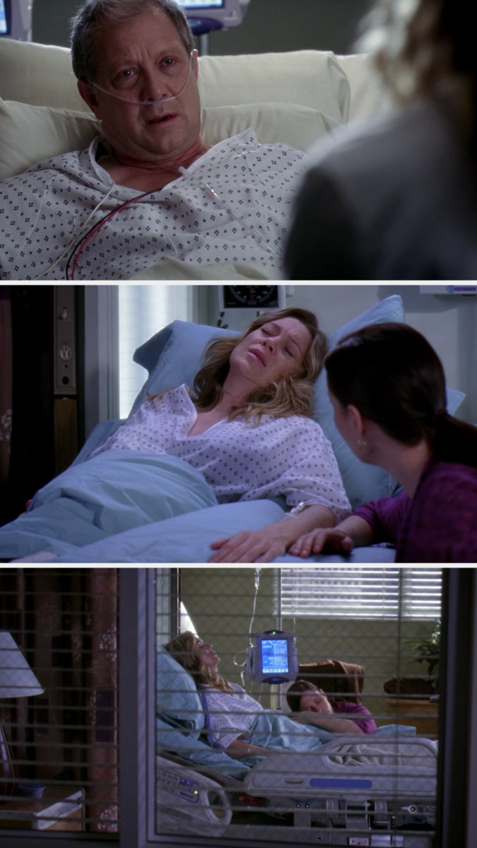 Meredith's dad in bed after his surgery and Lexie visiting Meredith after surgery in "Grey's Anatomy"