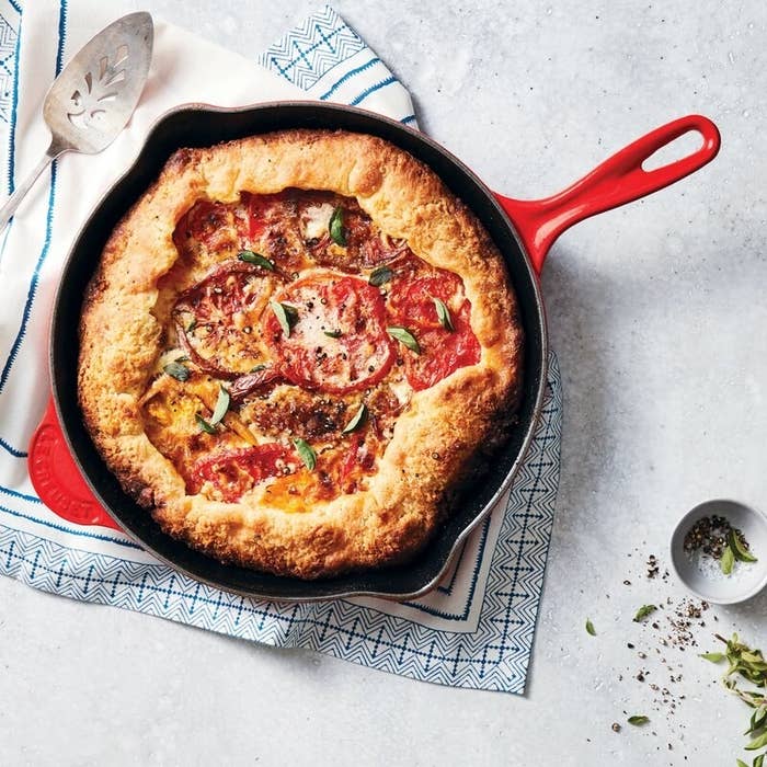 the red skillet with a galette in it