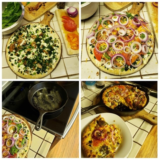 A process shot of turning frozen pizza into deep dish.