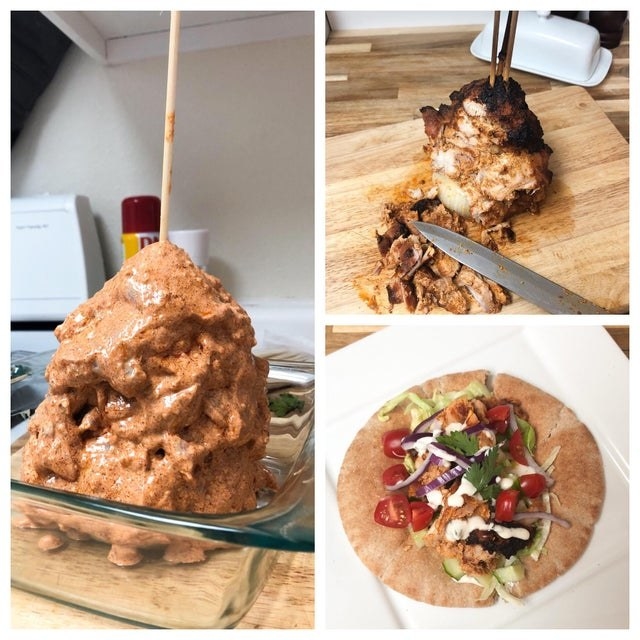 A homemade chicken shawarma cone turned into a shawarma pita.